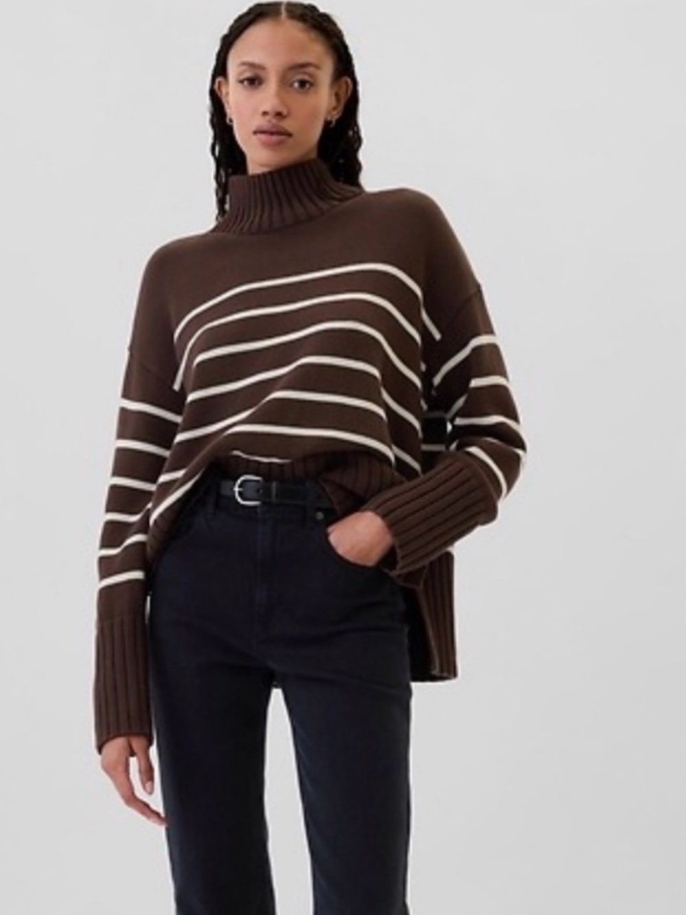 GAP 24/7 Oversized Split-Hem Mock Neck Sweater | Brown Stripe | 100% Cotton | XS
